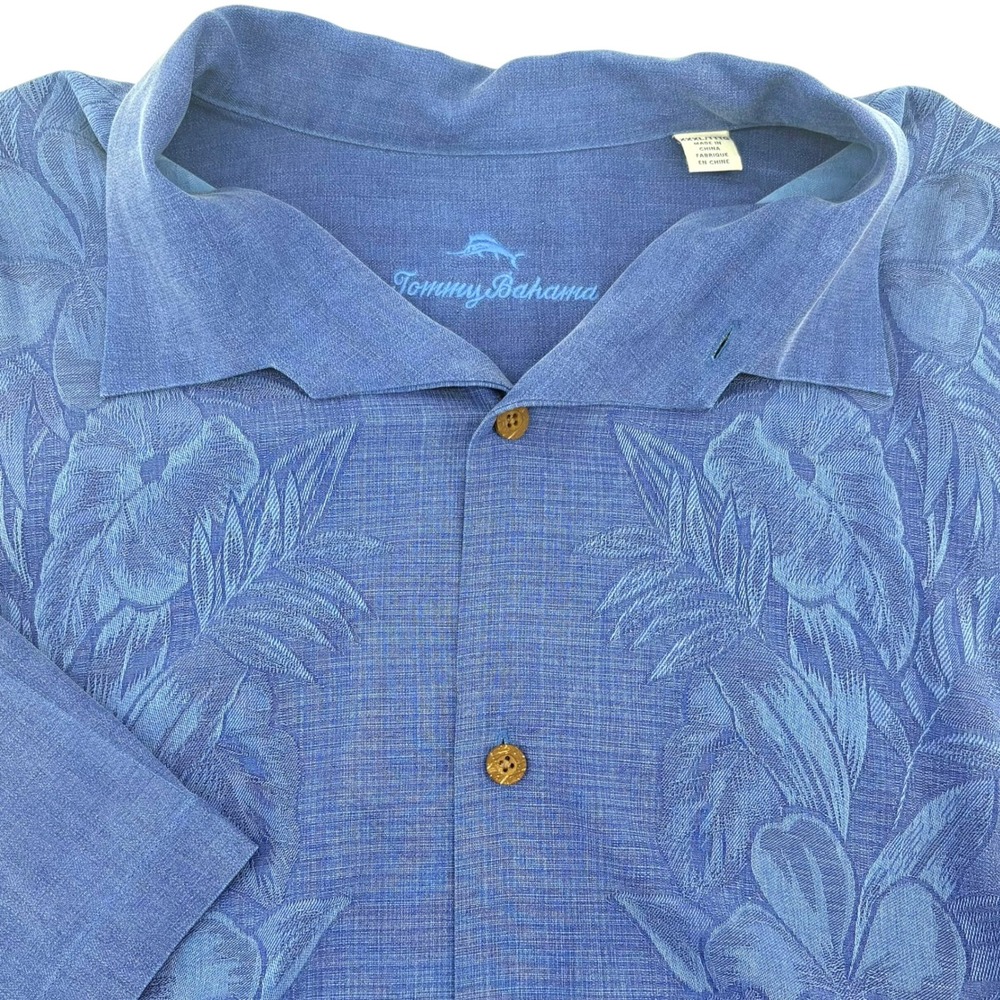 Tommy Bahama Mens XXXL Blue Silk Embroidered Floral Palm Camp Hawaiian Shirt